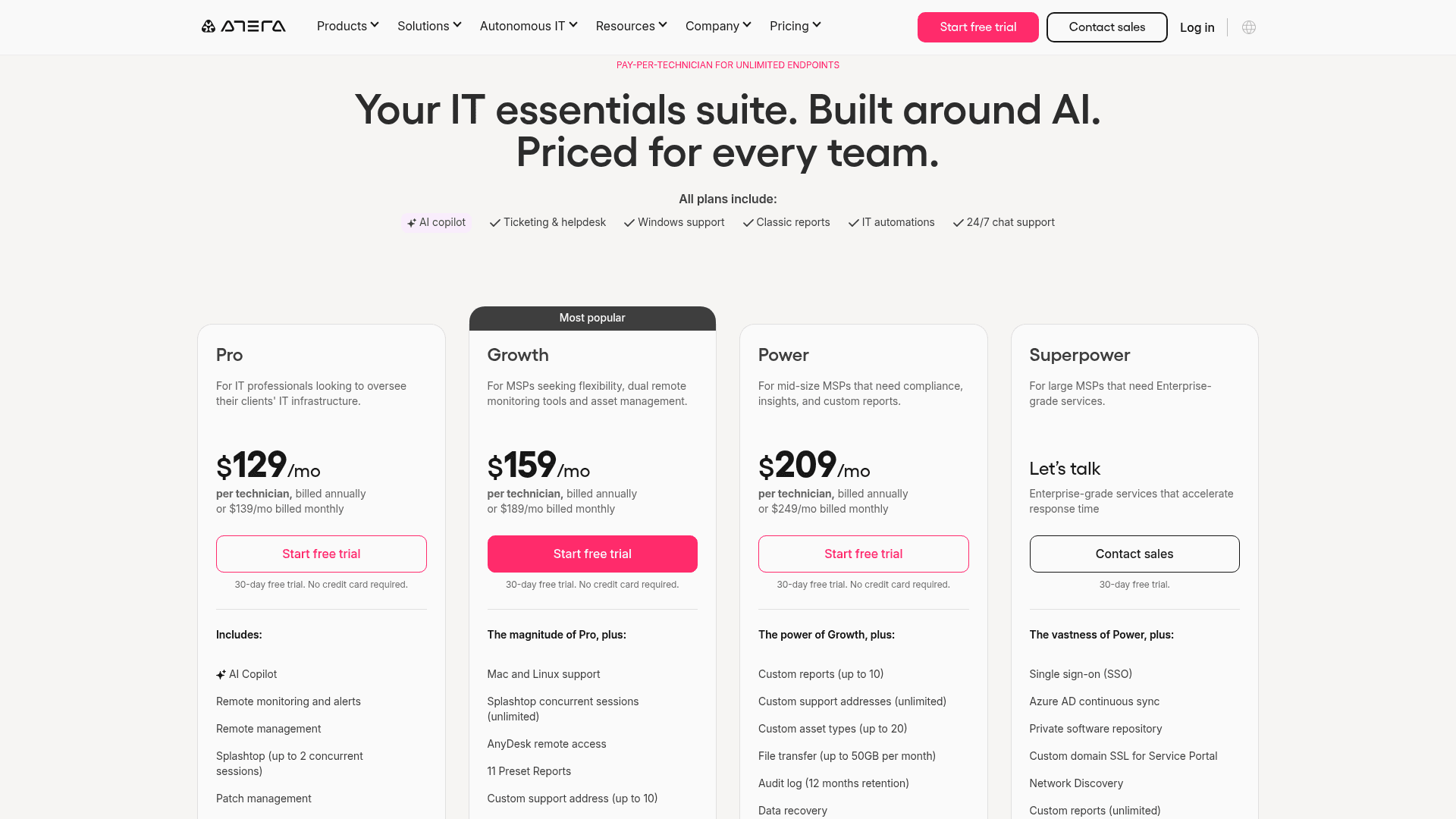 Atera MSP pricing page showing the Pro, Growth and Power tiers, as published on Atera's own site