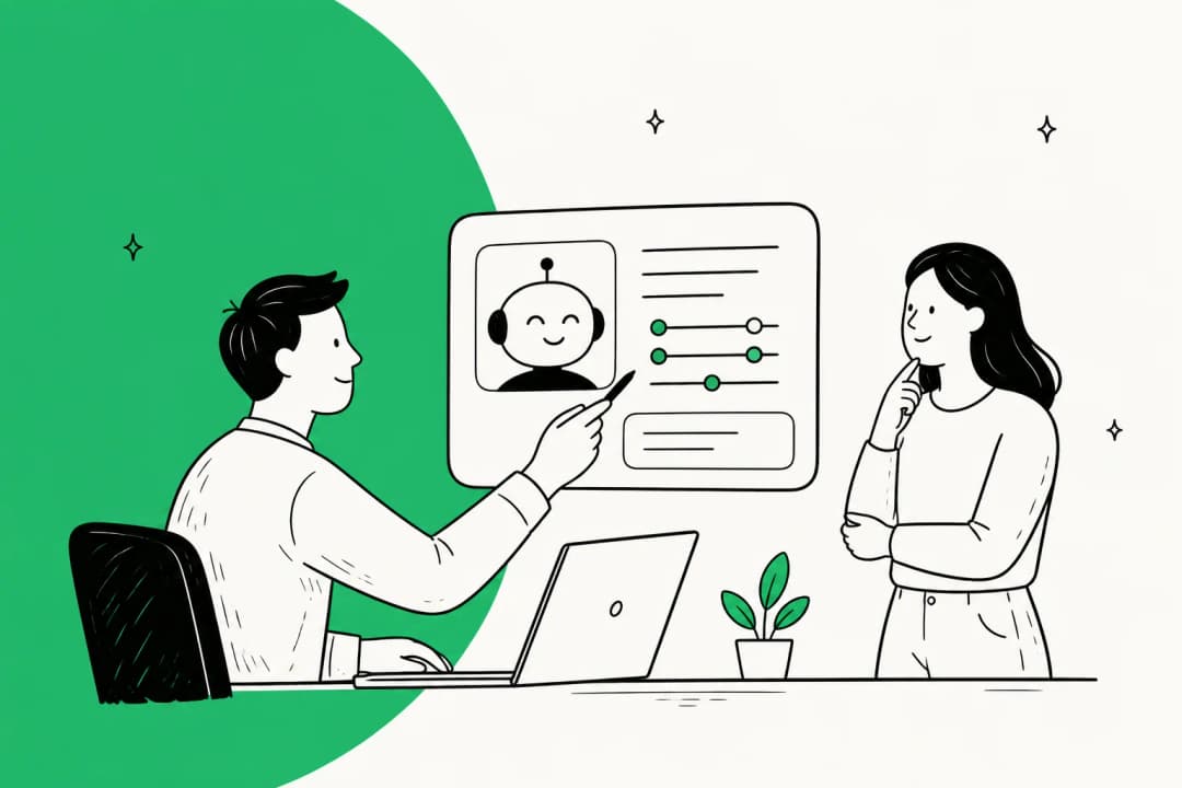 Illustration of a support agent working in Freshdesk with AI drafting and sending a reply