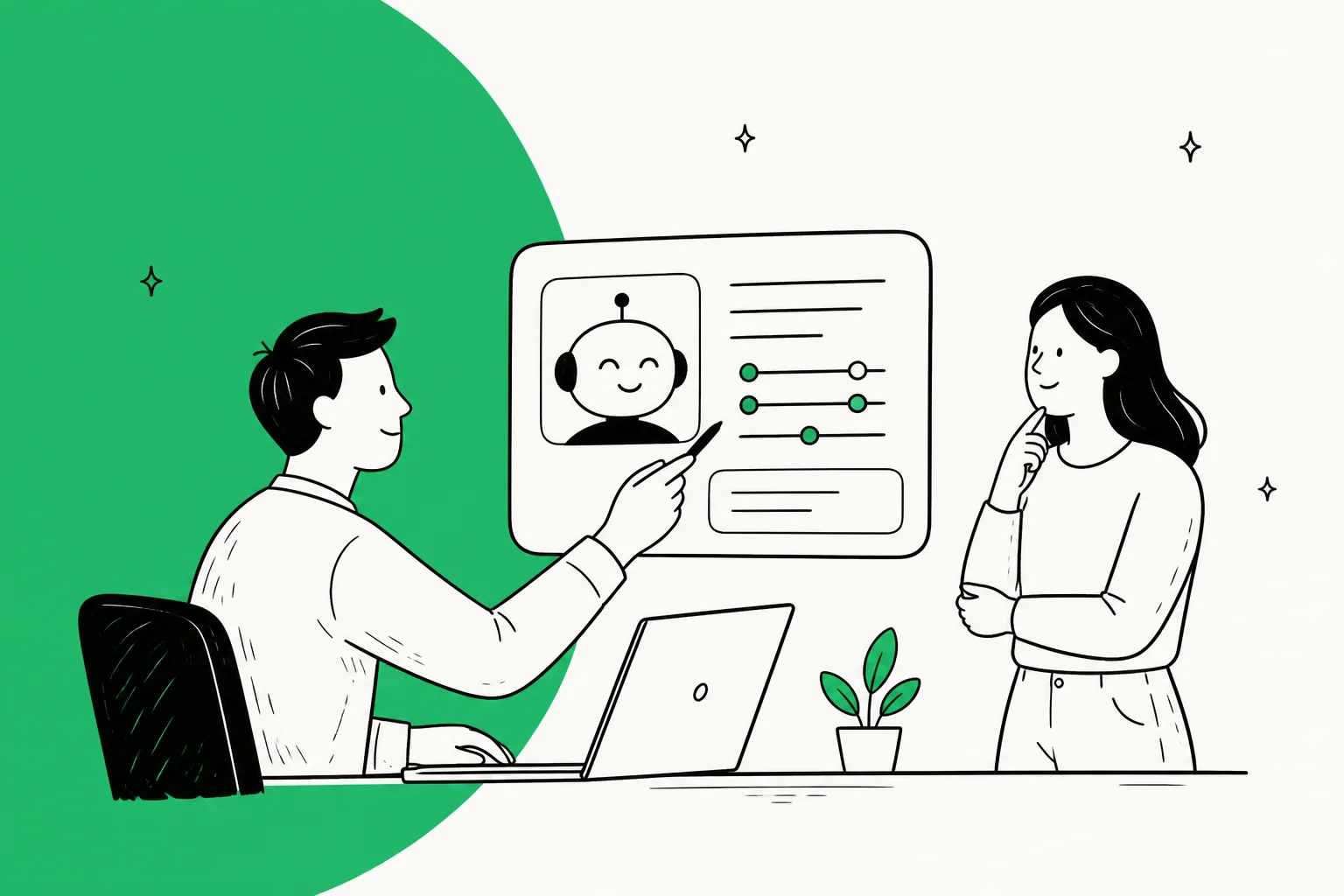 Illustration of a support agent working in Freshdesk with AI drafting and sending a reply