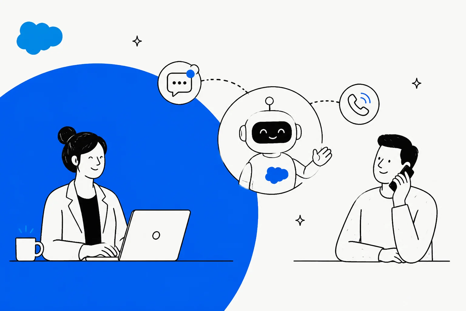 Illustration of the Salesforce Agentforce Casey AI agent handling a customer across chat and voice