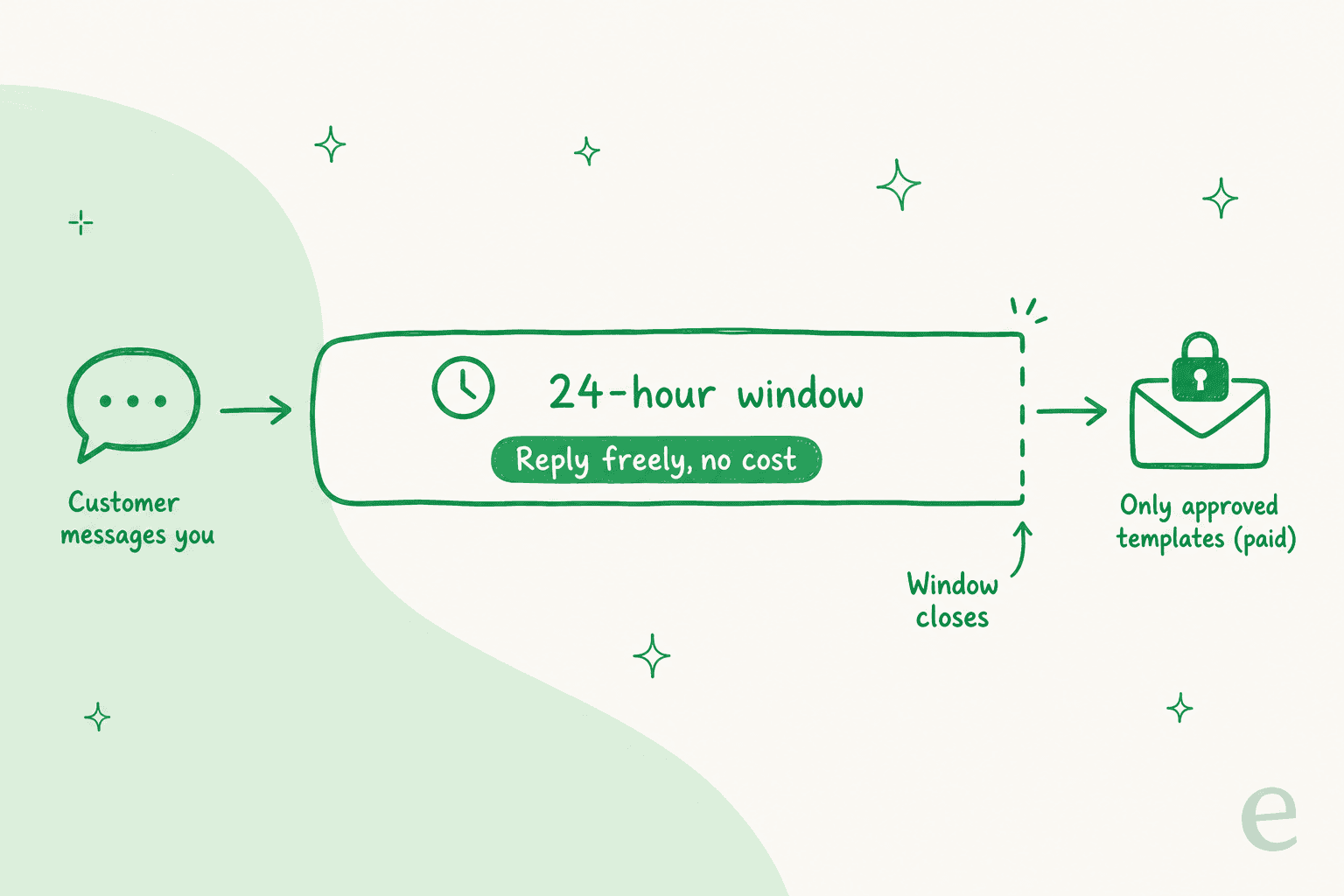 Timeline of the WhatsApp 24-hour customer service window: a customer message opens a free-reply window; after it closes only approved paid templates can be sent