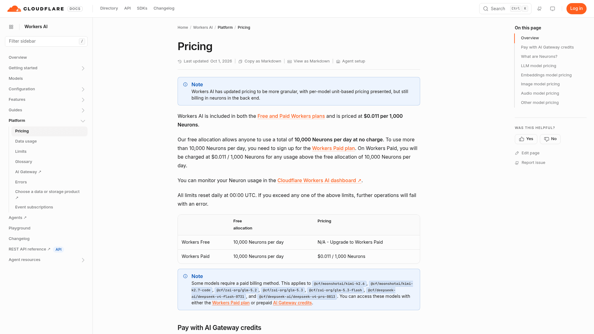 Cloudflare Workers AI pricing page showing $0.011 per 1,000 neurons and a free allocation of 10,000 neurons per day on both Workers Free and Workers Paid, as taken from Cloudflare docs