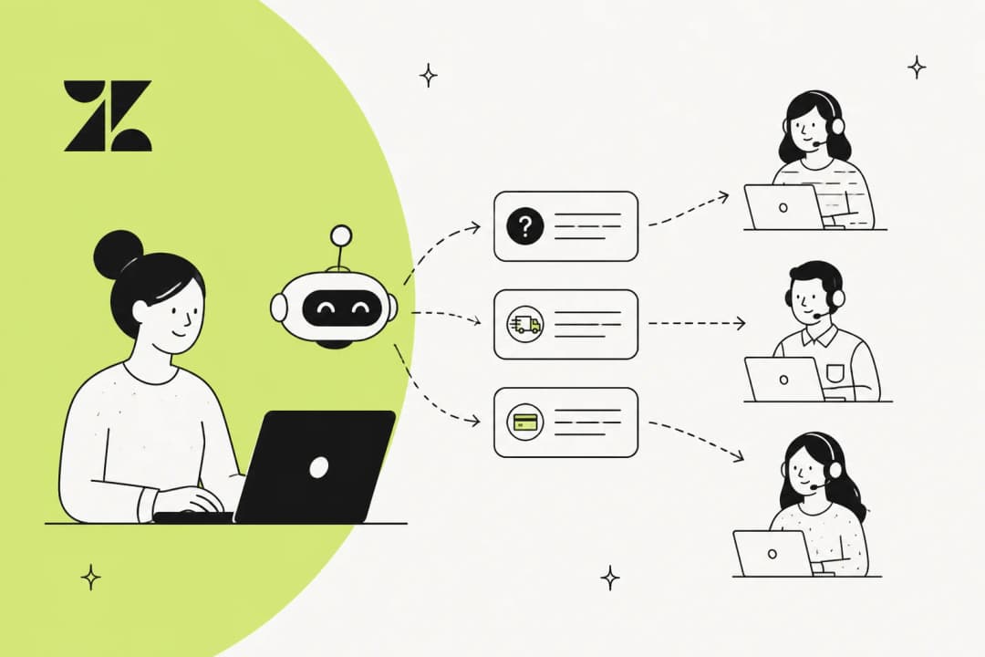 Illustration of support tickets being auto-classified and routed by intent in Zendesk