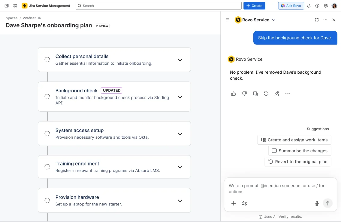 Rovo Service erstellt einen Onboarding-Plan für Mitarbeiter innerhalb von Jira Service Management, entnommen von Atlassian