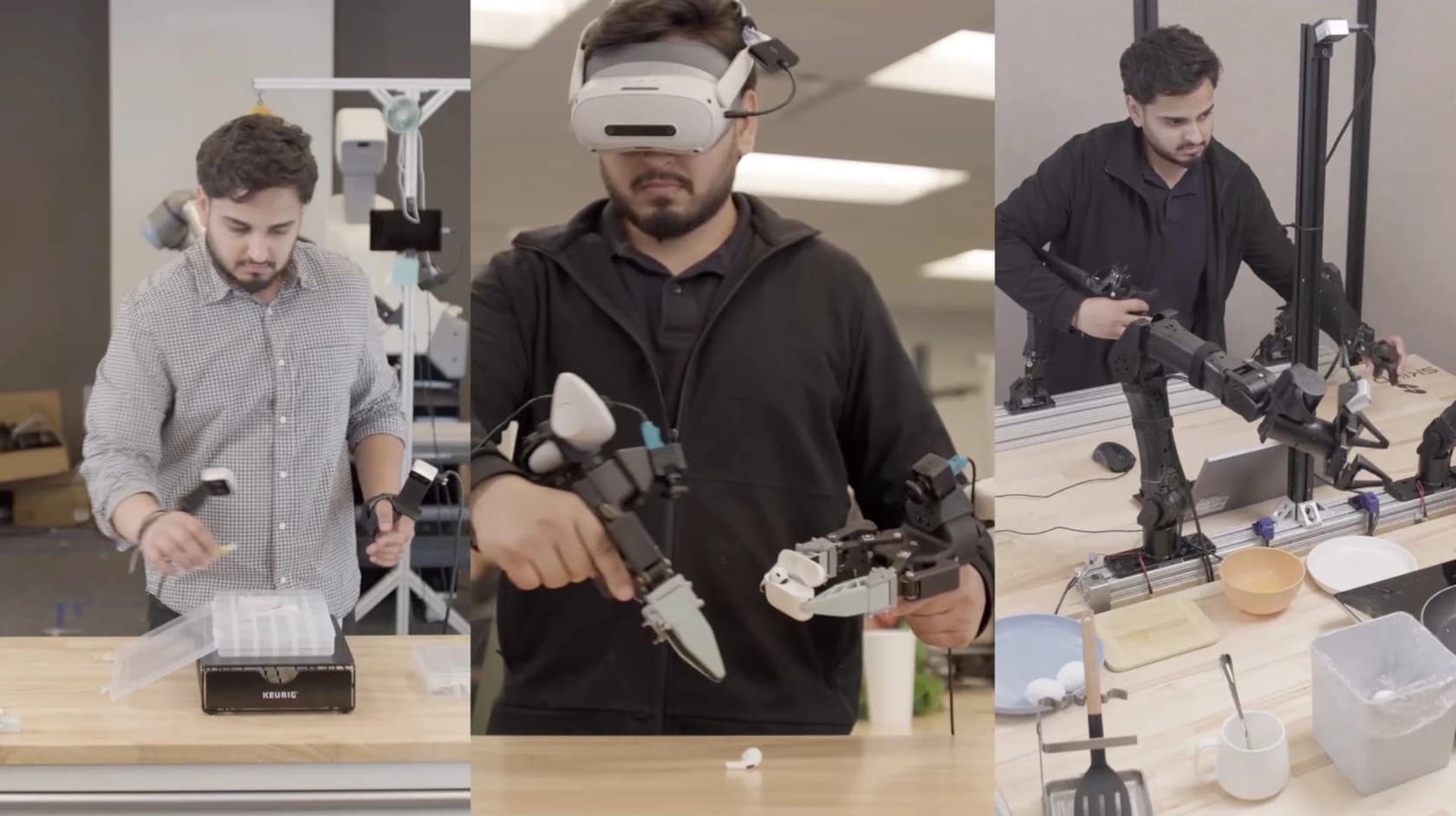 The three ways a task is demonstrated to S1: a person doing it, a teleoperation rig, and a robot arm, as shown by Skild AI