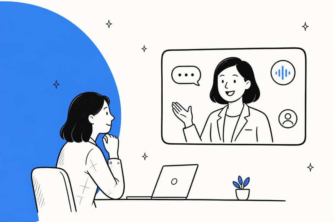 A person talking to a lifelike AI video avatar on a screen, illustrating Gemini 3.8 Live Avatar