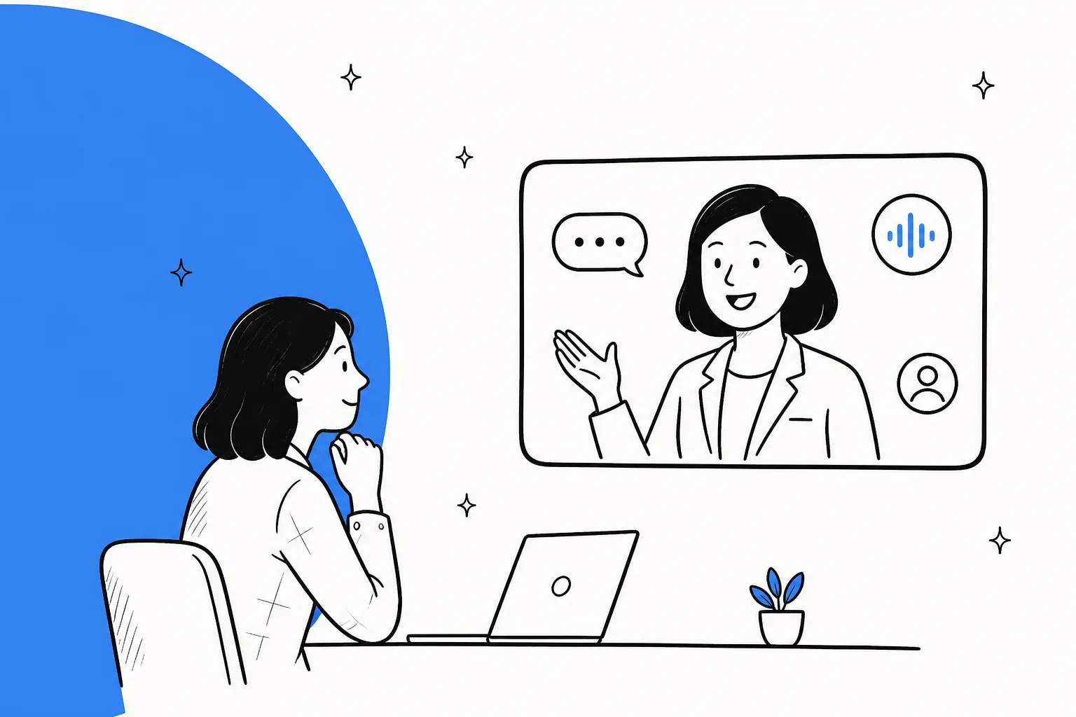 A person talking to a lifelike AI video avatar on a screen, illustrating Gemini 3.8 Live Avatar
