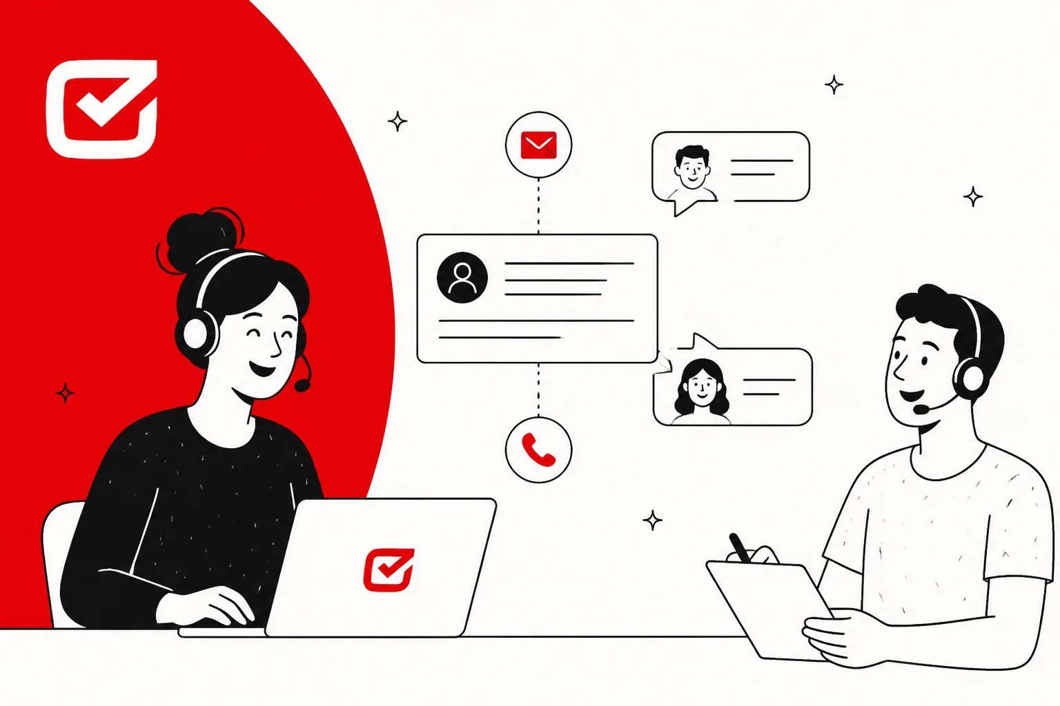 Illustrated banner for a roundup of HelpDesk.com alternatives, showing a support agent working a multichannel ticket queue
