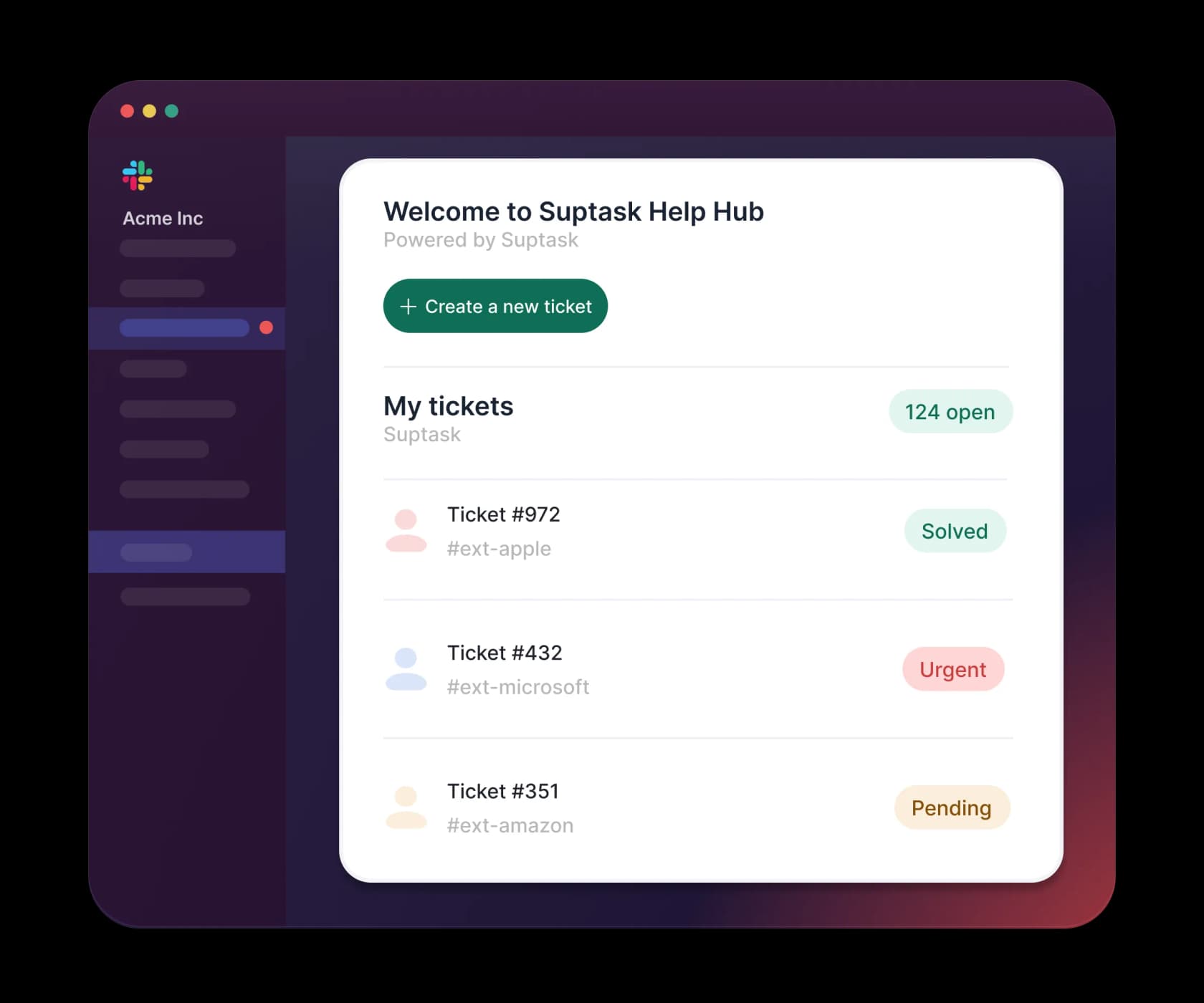Suptask Help Hub in Slack showing a personal ticket list with open, solved and pending statuses, as shown on the Suptask site