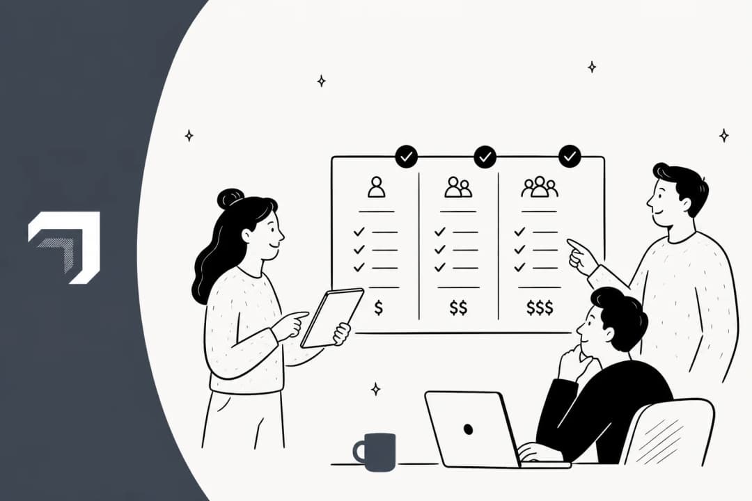 Illustration of a team comparing three pricing tiers on a board, with the Refix logo