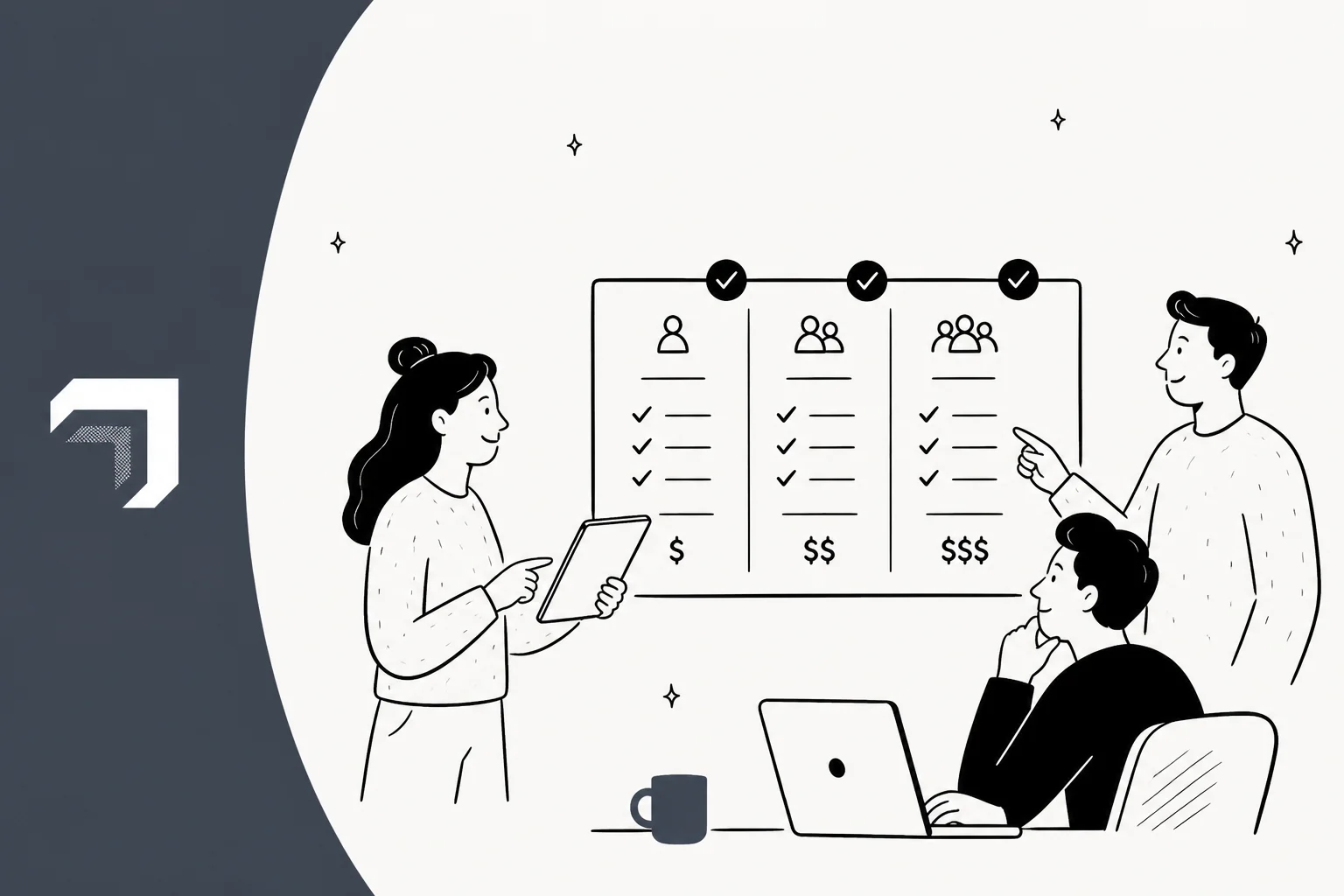 Illustration of a team comparing three pricing tiers on a board, with the Refix logo