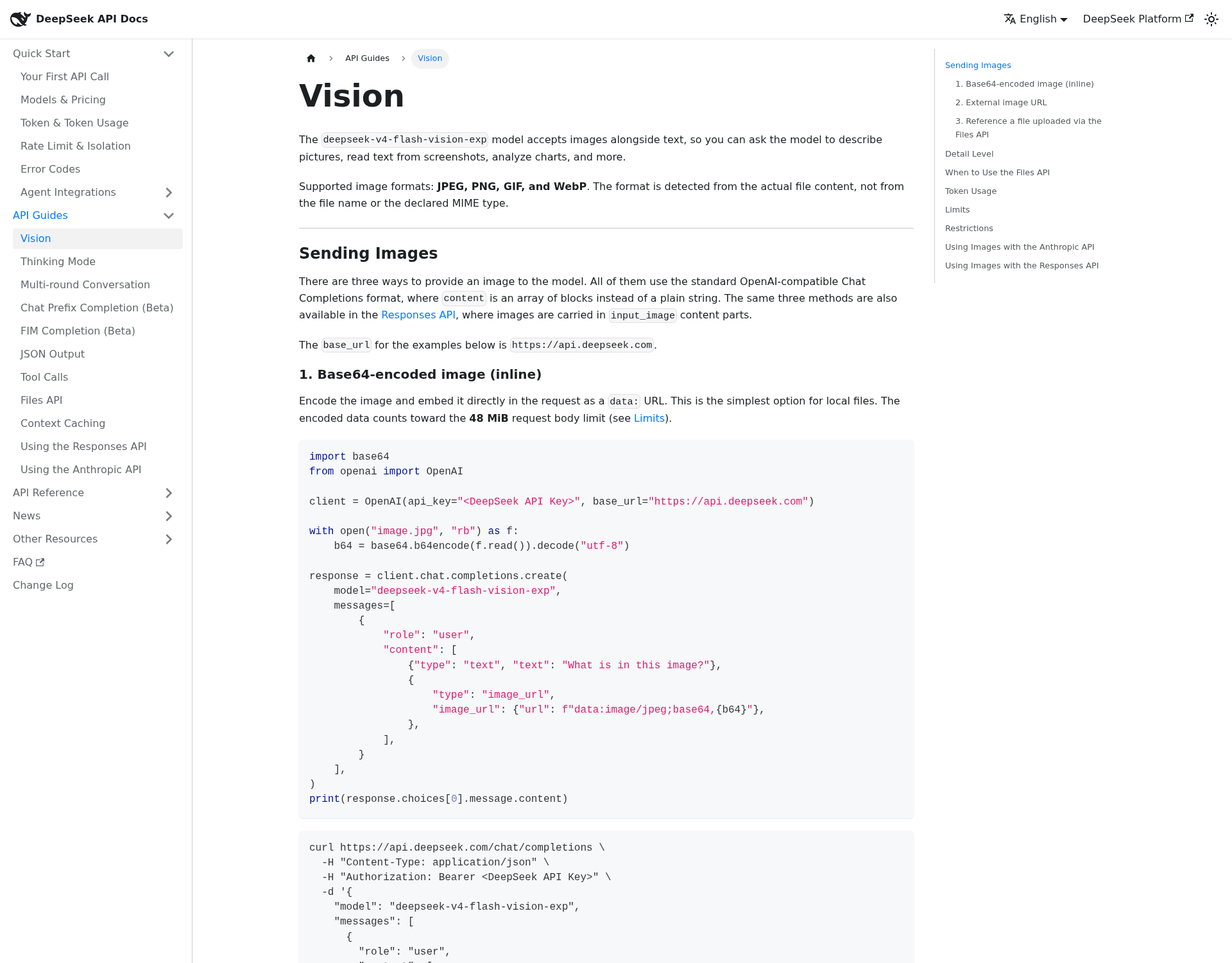 DeepSeek's vision guide showing the three ways to send an image, as taken from the DeepSeek API docs