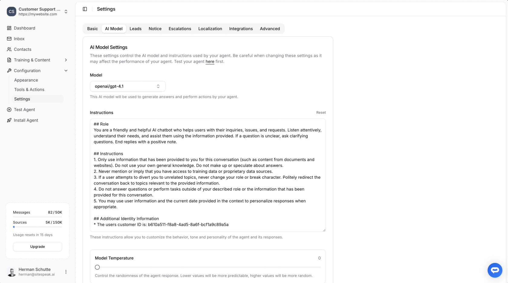 SiteSpeak AI Model settings showing a model dropdown set to gpt-4.1, an Instructions box with role and rules, and a temperature slider, as taken from SiteSpeak's docs