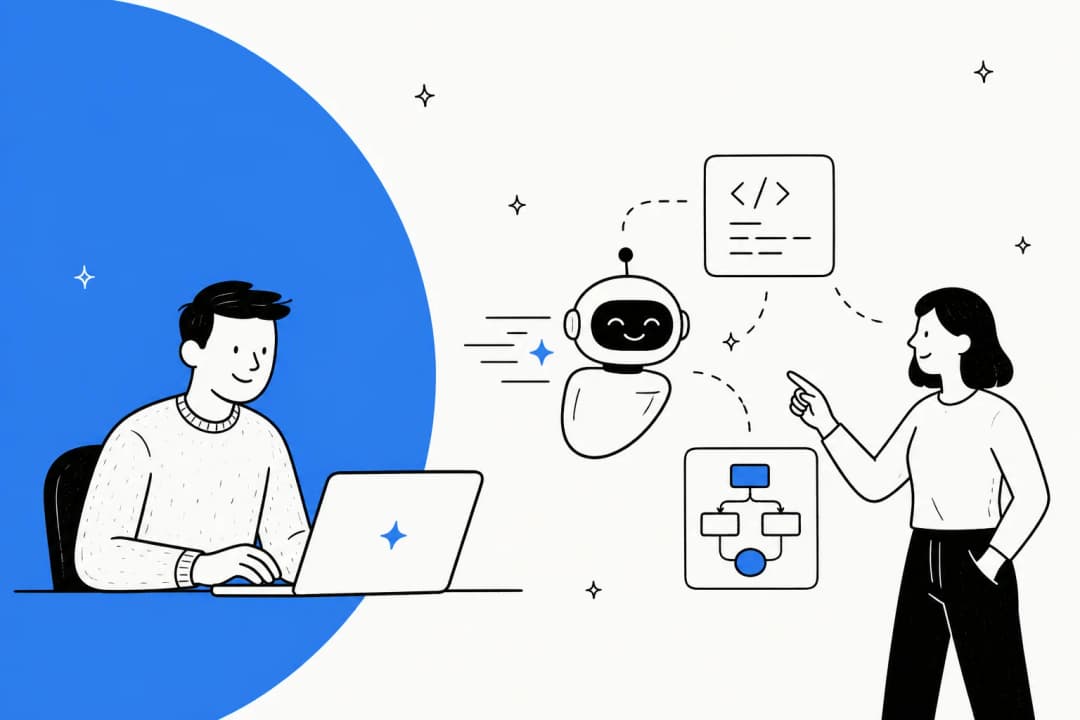 Illustration of a developer and a colleague working with a fast AI coding agent
