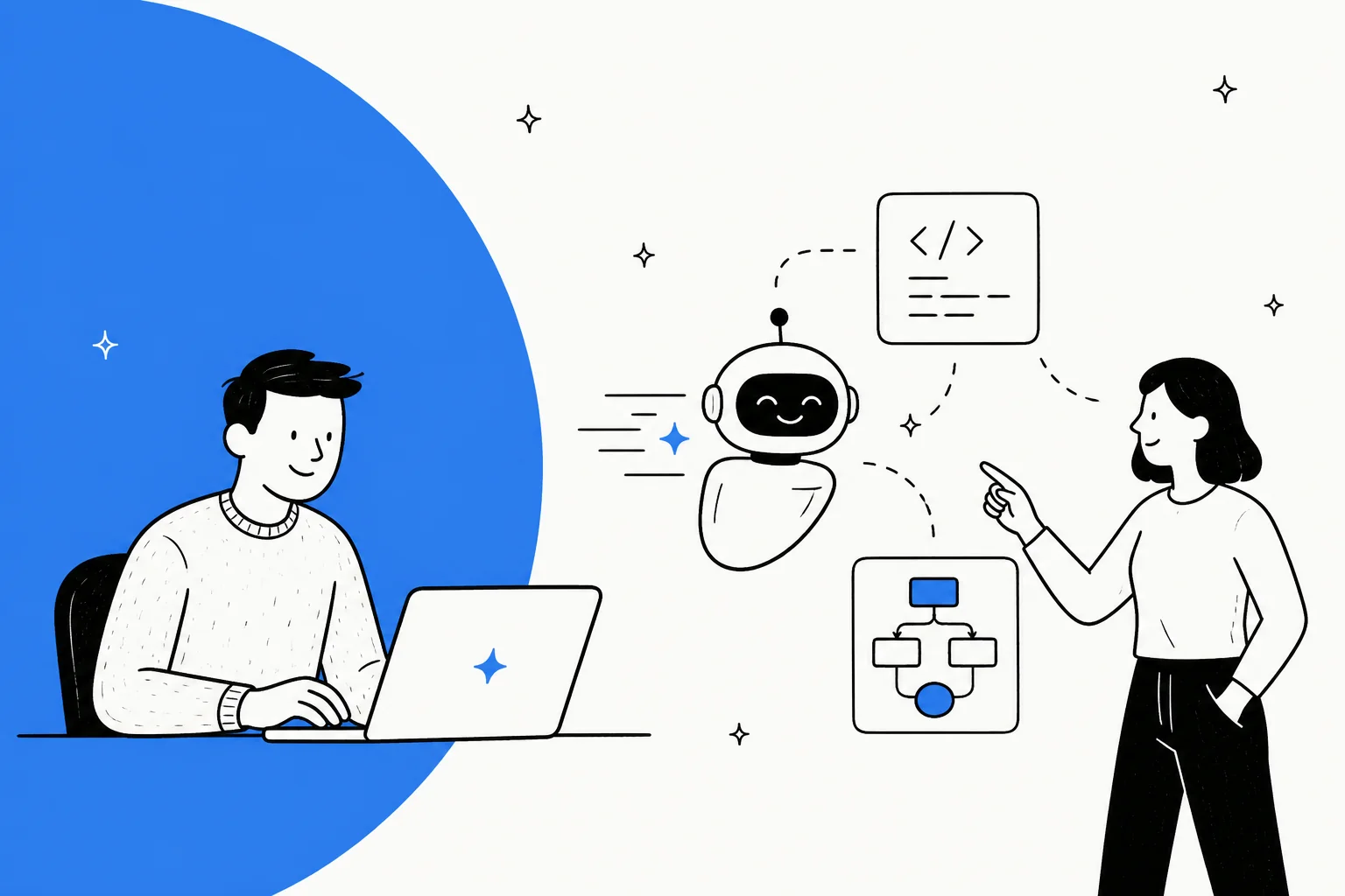 Illustration of a developer and a colleague working with a fast AI coding agent