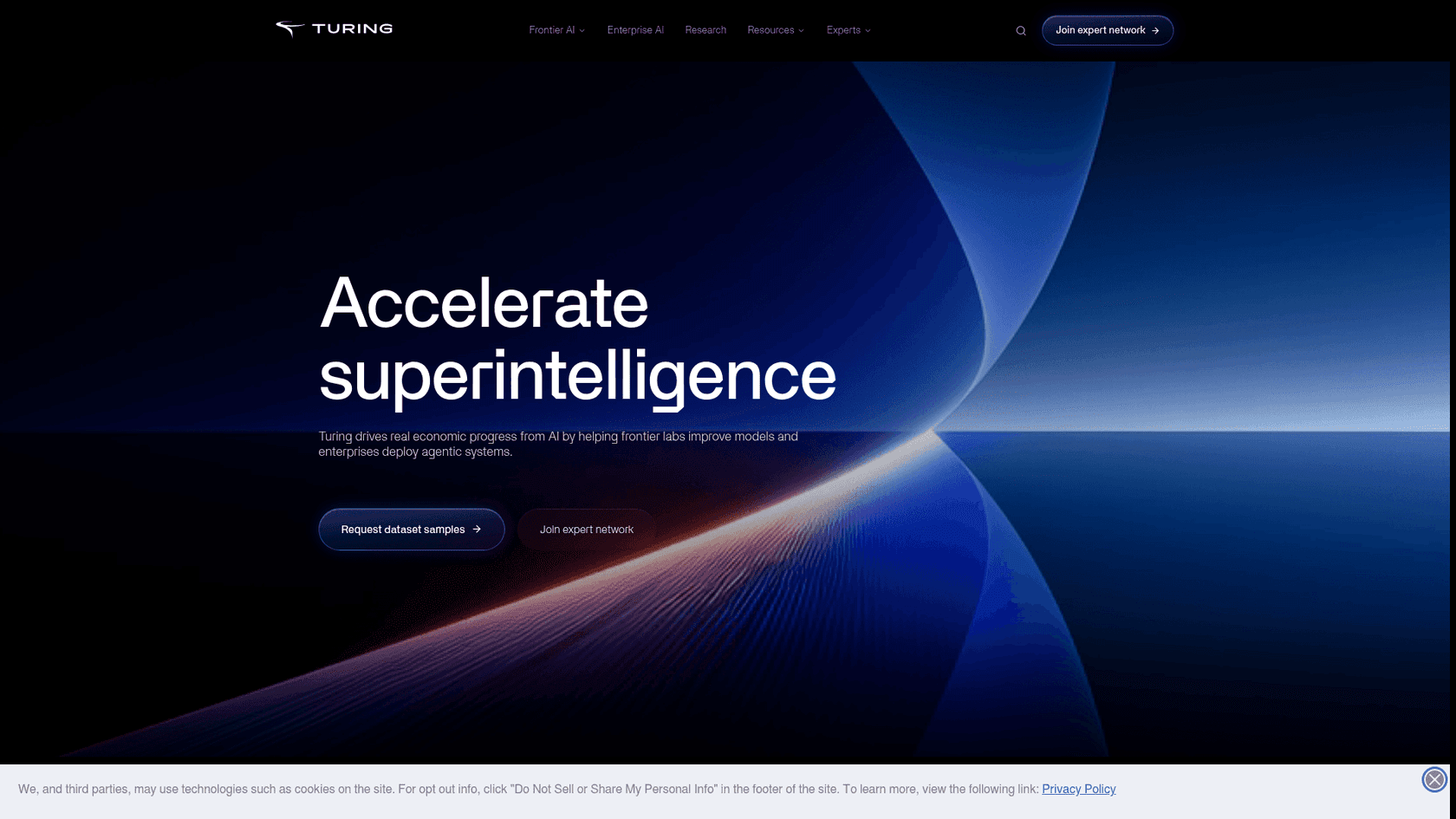 Turing's 2026 homepage, repositioned around accelerating superintelligence rather than developer hiring, as taken from Turing