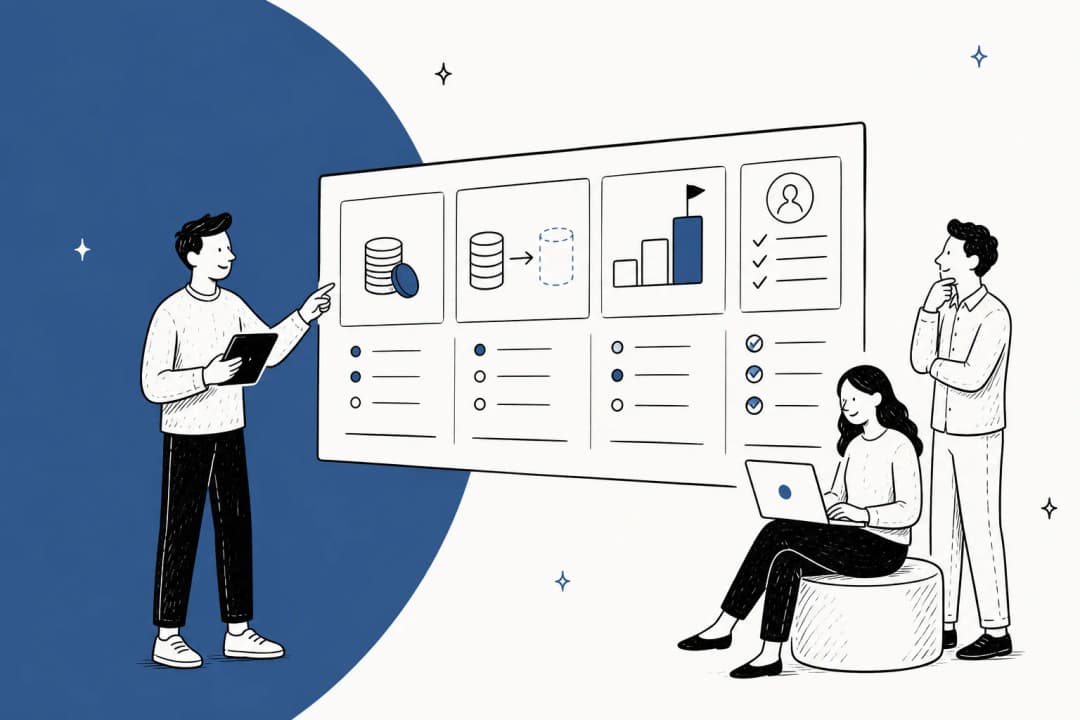 Hand-drawn illustration of three people reviewing a board of pricing cards with coin stacks, cache icons, and a bar chart, for a guide to GPT-6.1 Sol pricing