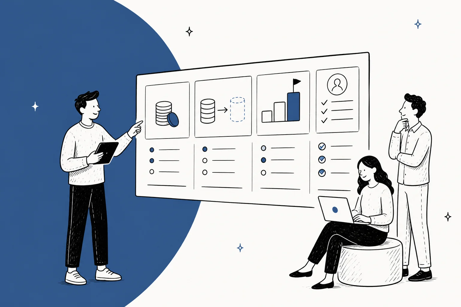 Hand-drawn illustration of three people reviewing a board of pricing cards with coin stacks, cache icons, and a bar chart, for a guide to GPT-6.1 Sol pricing