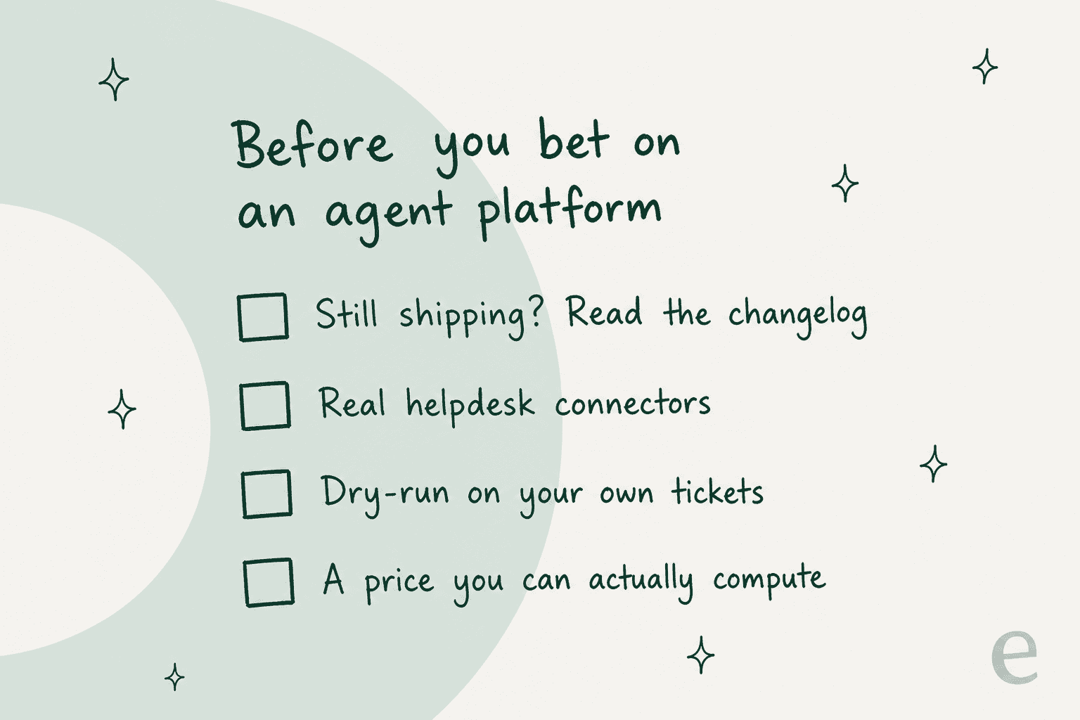 A checklist of four things to verify before betting on an AI agent platform: still shipping, real helpdesk connectors, dry-run on your own tickets, and a price you can compute