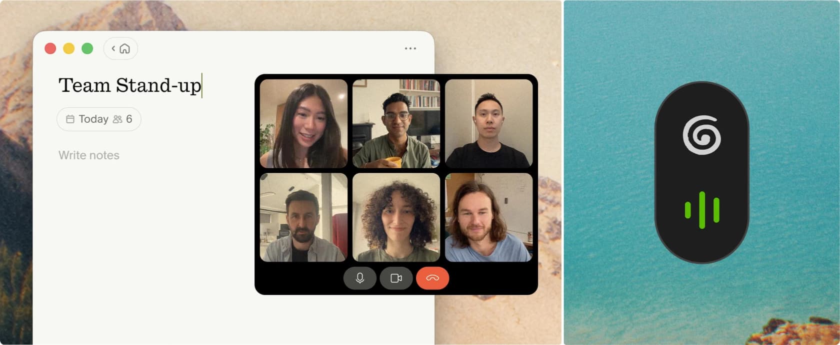 Granola's note window open beside a six-person video call, with the recording pill running in the background, as taken from Granola