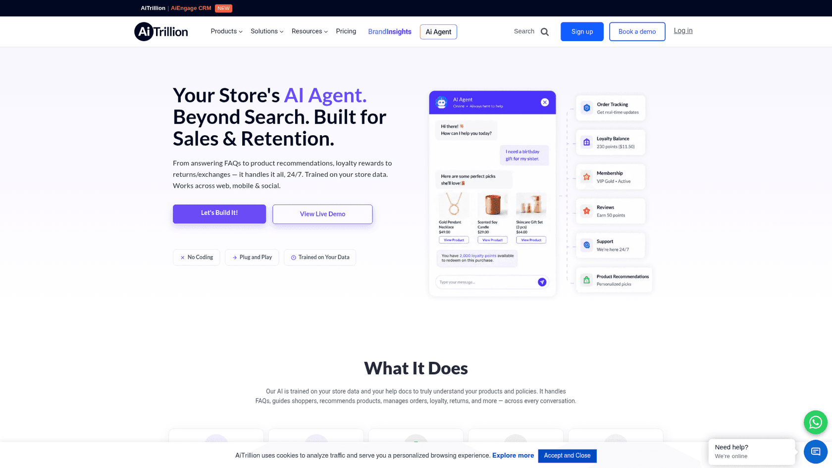 The AiTrillion AI agent chat widget answering a gift-recommendation question with product cards, loyalty balance and order tracking, as taken from AiTrillion