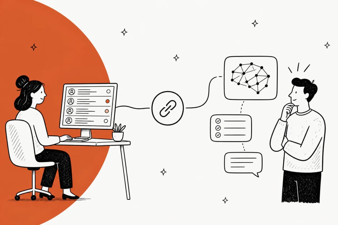 Illustration of a Zendesk ticket queue on one side connected to an AI reasoning layer on the other