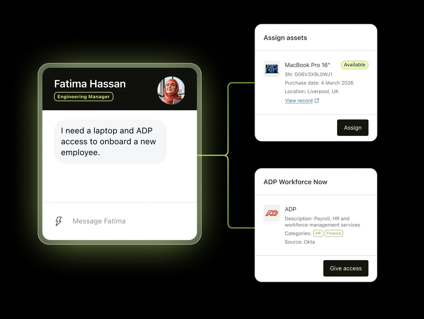 Zendesk employee service view where a manager asks for a laptop and ADP access for a new hire, with an assignable MacBook Pro asset card and an app access card beside the conversation, as taken from Zendesk