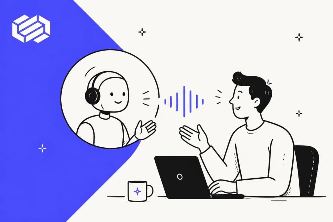 Hand-drawn illustration of a person at a laptop talking with an AI agent wearing a headset, with a sound wave between them and the Decagon logo on a purple band