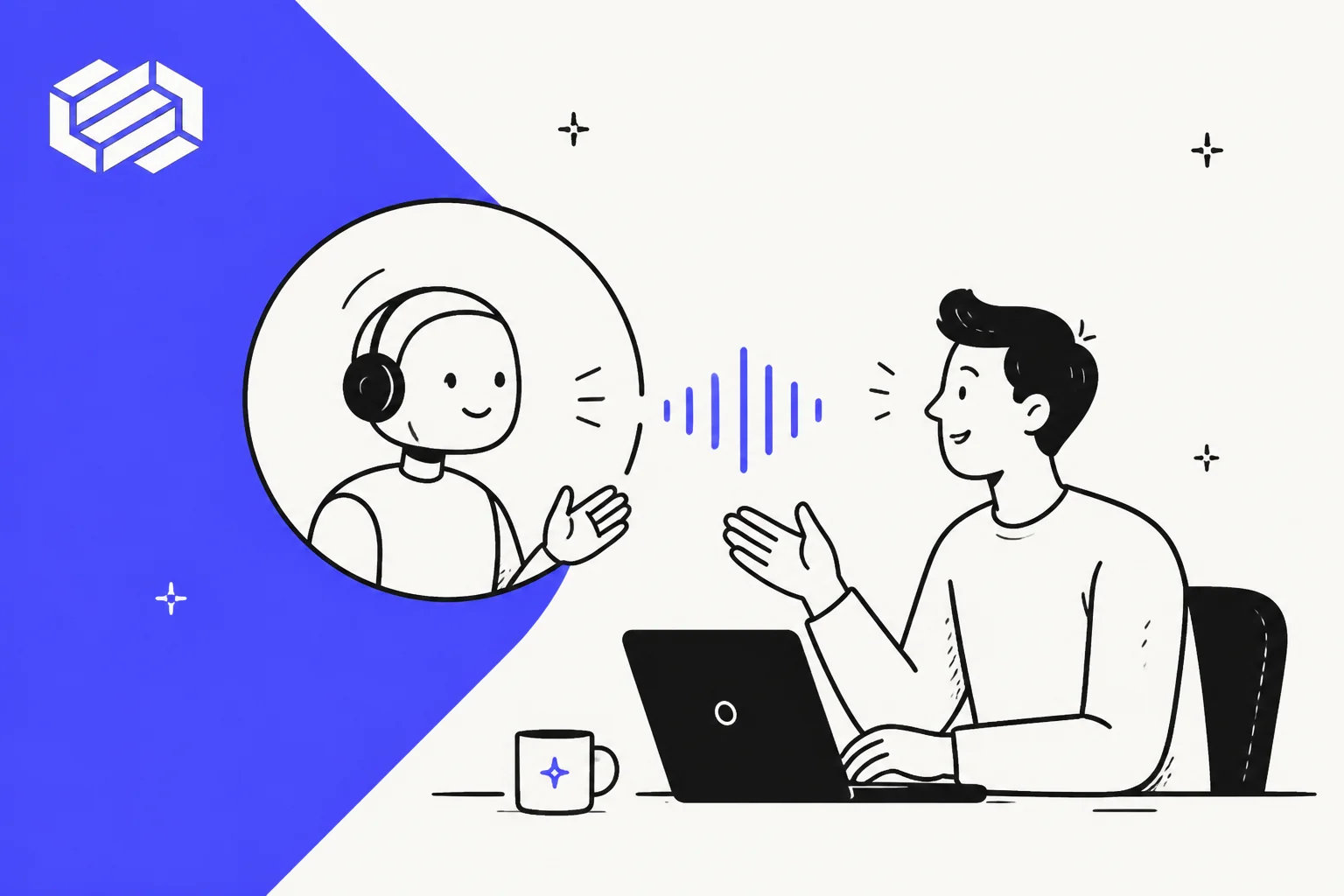 Hand-drawn illustration of a person at a laptop talking with an AI agent wearing a headset, with a sound wave between them and the Decagon logo on a purple band