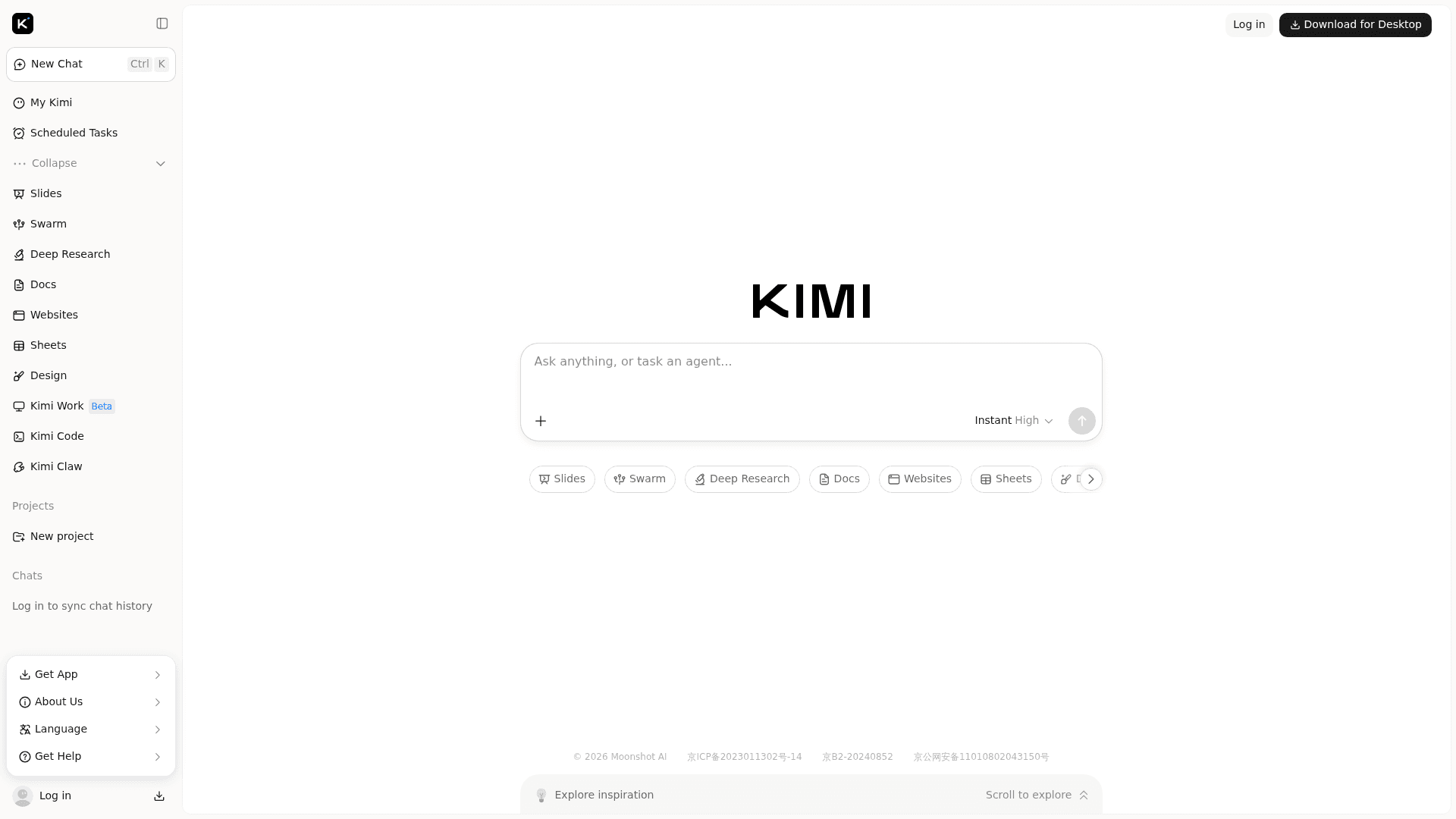Kimi's home screen with the agent prompt box and tool options, as taken from Moonshot AI