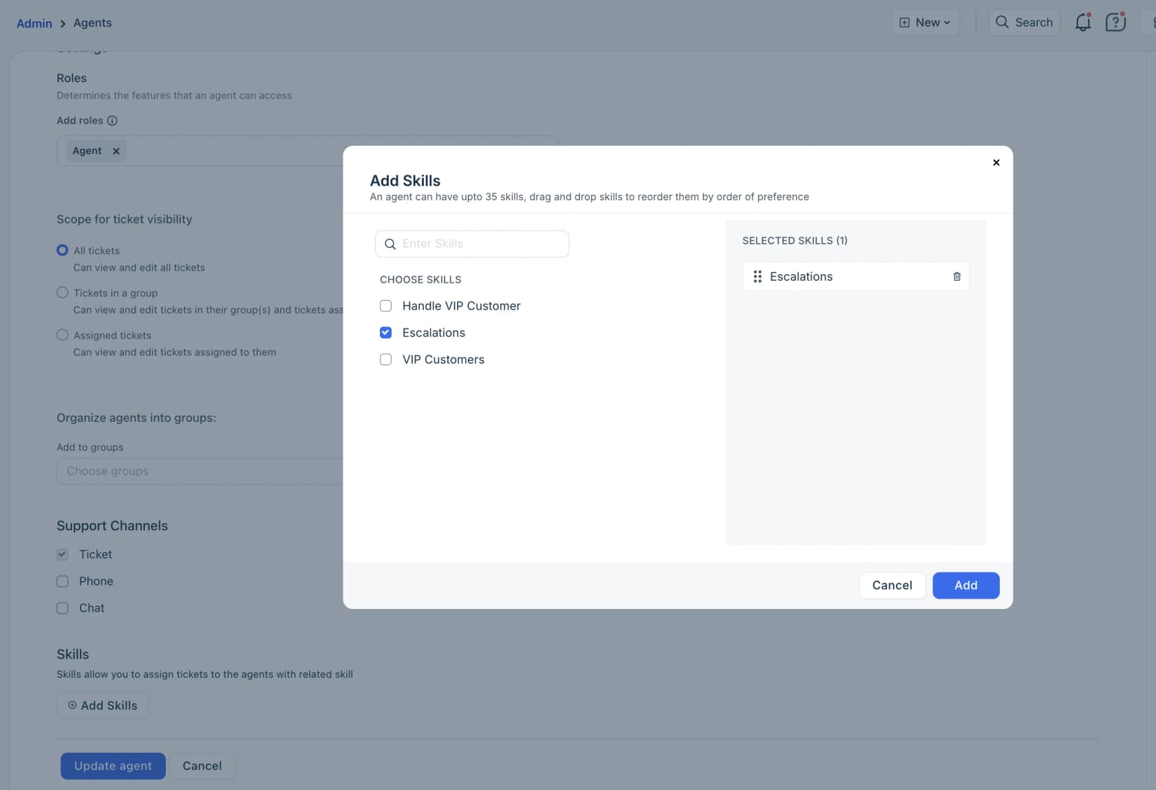 Freshdesk agent profile with the Add Skills dialog open, noting an agent can have up to 35 skills ordered by preference, as taken from Freshdesk's support site