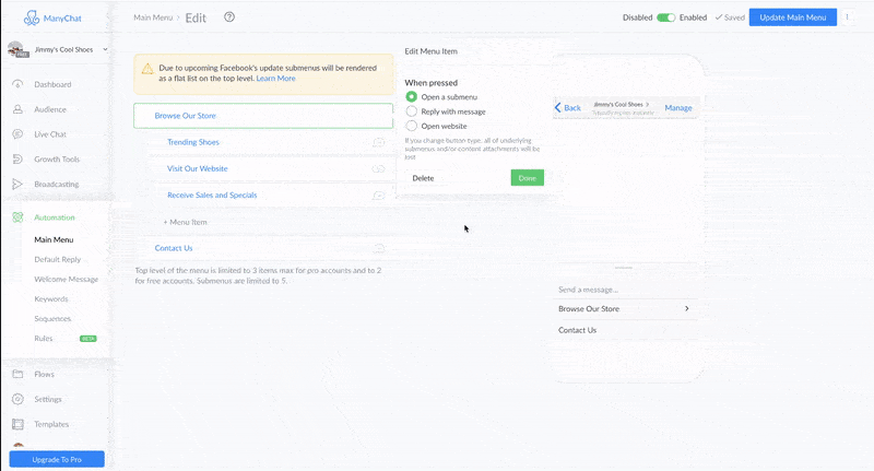 ManyChat's Automation section, where you configure menus and flows from the left-hand nav, as taken from ManyChat