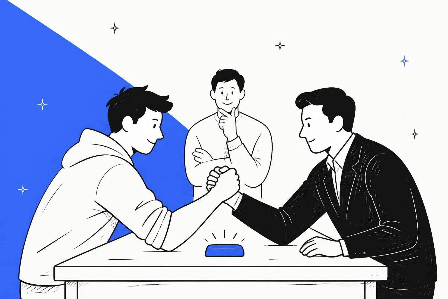 Two people arm wrestling across a table while a third watches, illustrating a head-to-head model comparison