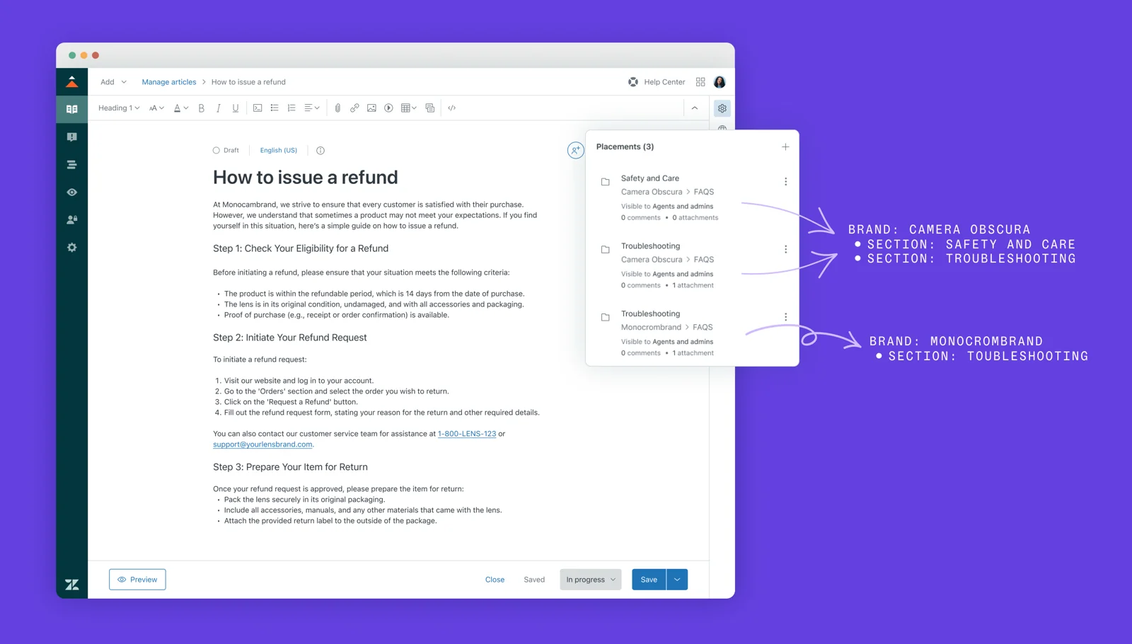 Zendesk article multiplacement panel showing one refund article placed in two brands, each placement visible to agents and admins, as taken from Zendesk
