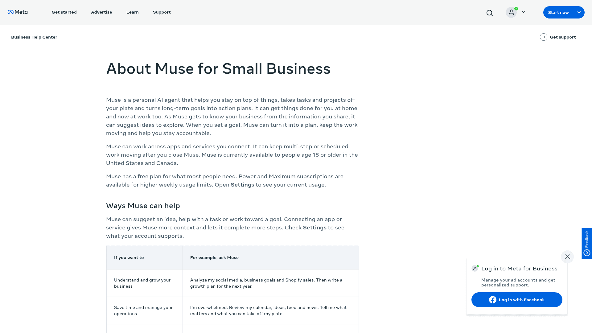 Meta's About Muse for Small Business help page saying Muse has a free plan for what most people need, with Power and Maximum subscriptions for higher weekly usage limits, as taken from Meta Business Help Center