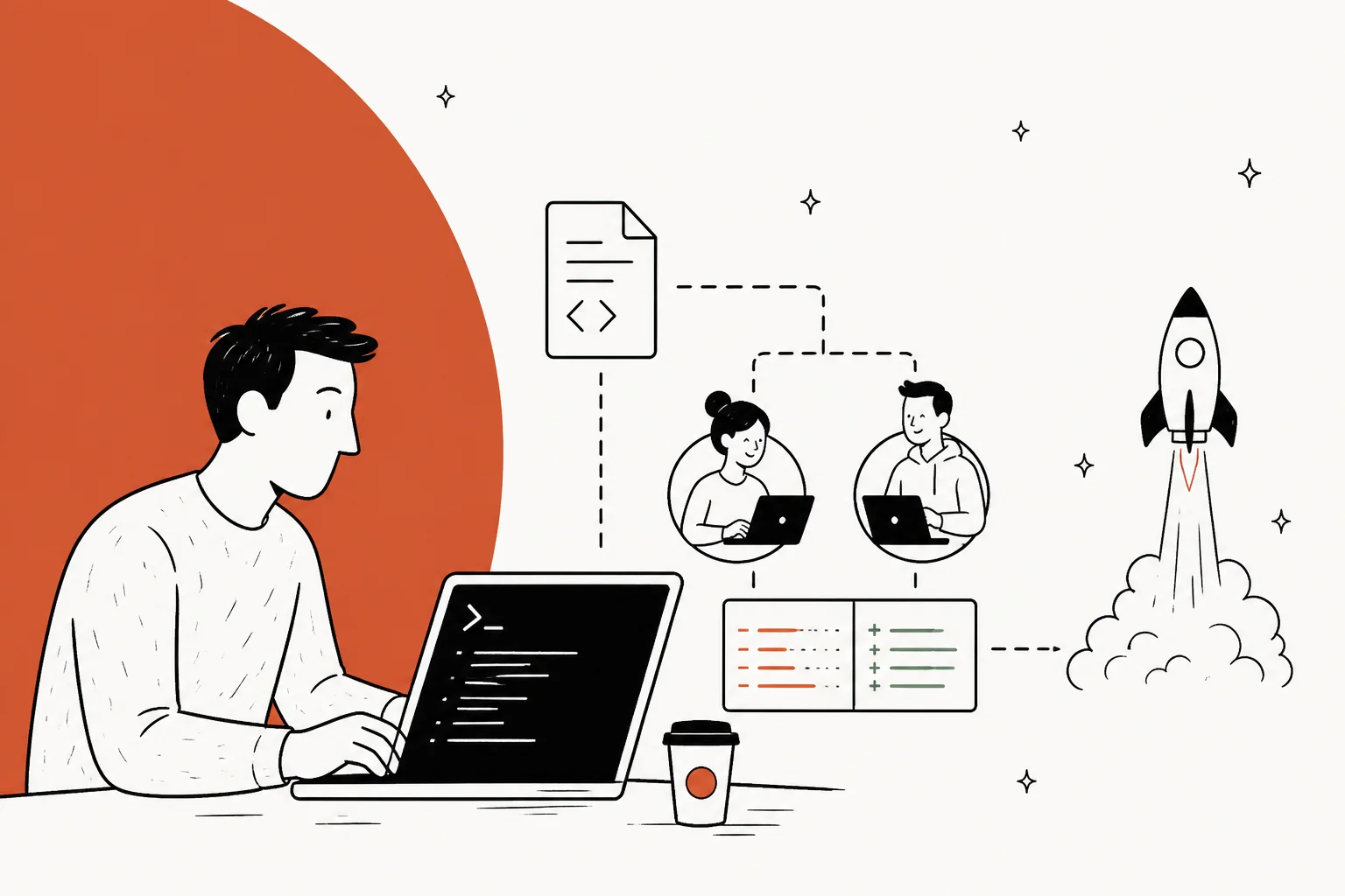 Illustration of a developer at a terminal with a CLAUDE.md file, subagents, a code diff, and a rocket launching