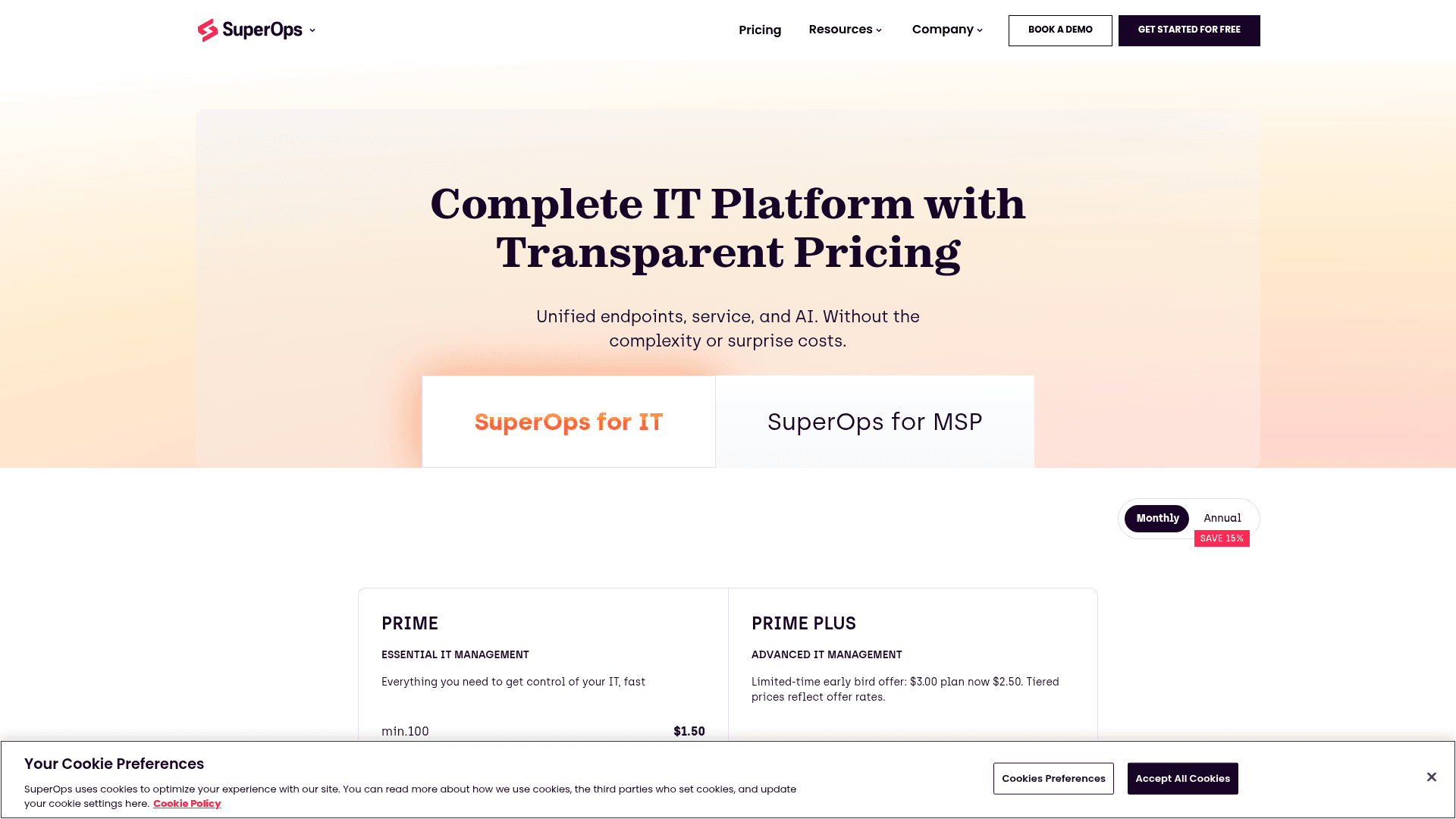 SuperOps pricing page showing the Prime and Prime Plus endpoint bands, as taken from SuperOps
