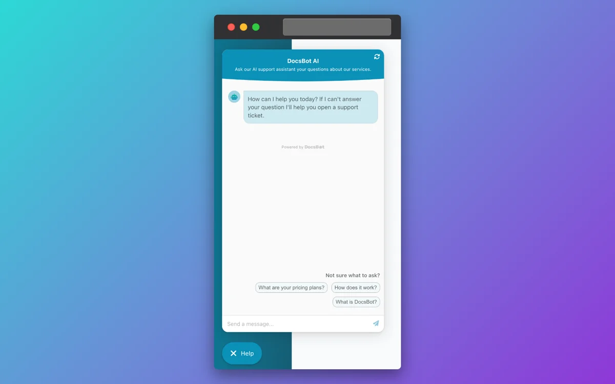 The DocsBot chat widget embedded on a site with suggested questions, as taken from DocsBot