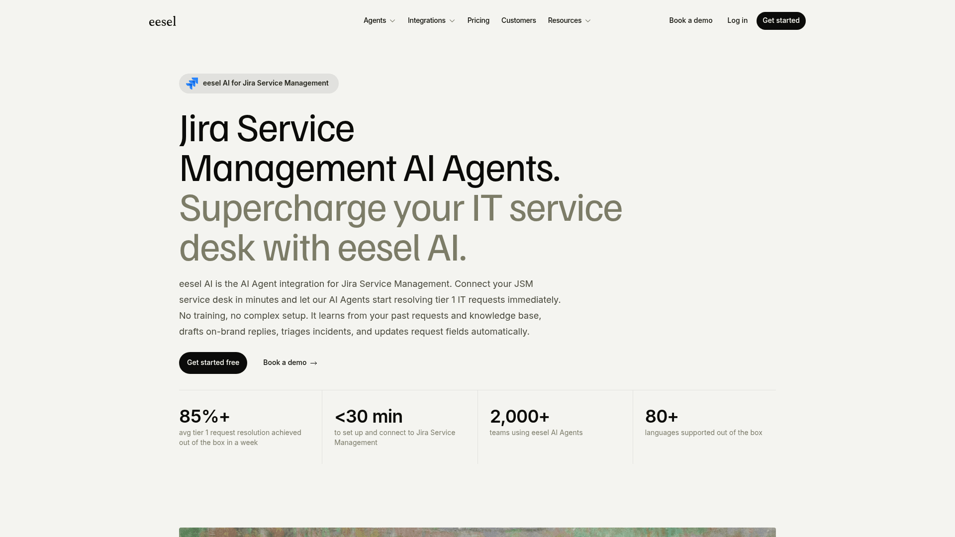 eesel's Jira Service Management integration page with the headline Jira Service Management AI Agents and stats for setup time and languages