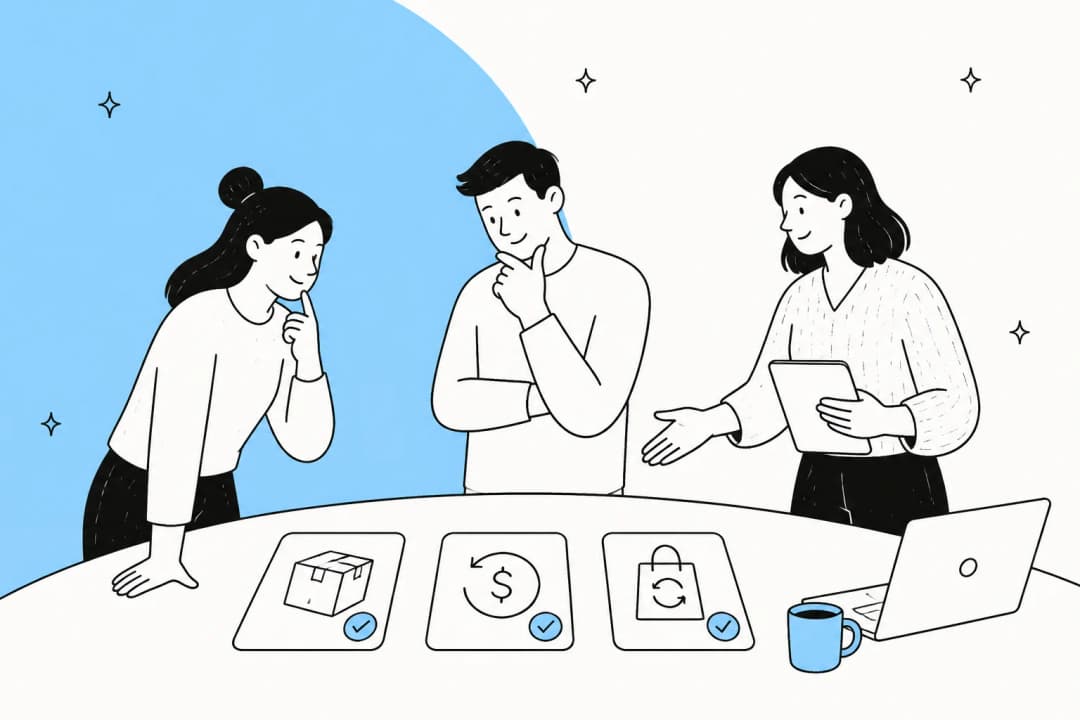 Illustrated banner of a support team weighing three options for automating order, refund and return tickets, on a light blue field