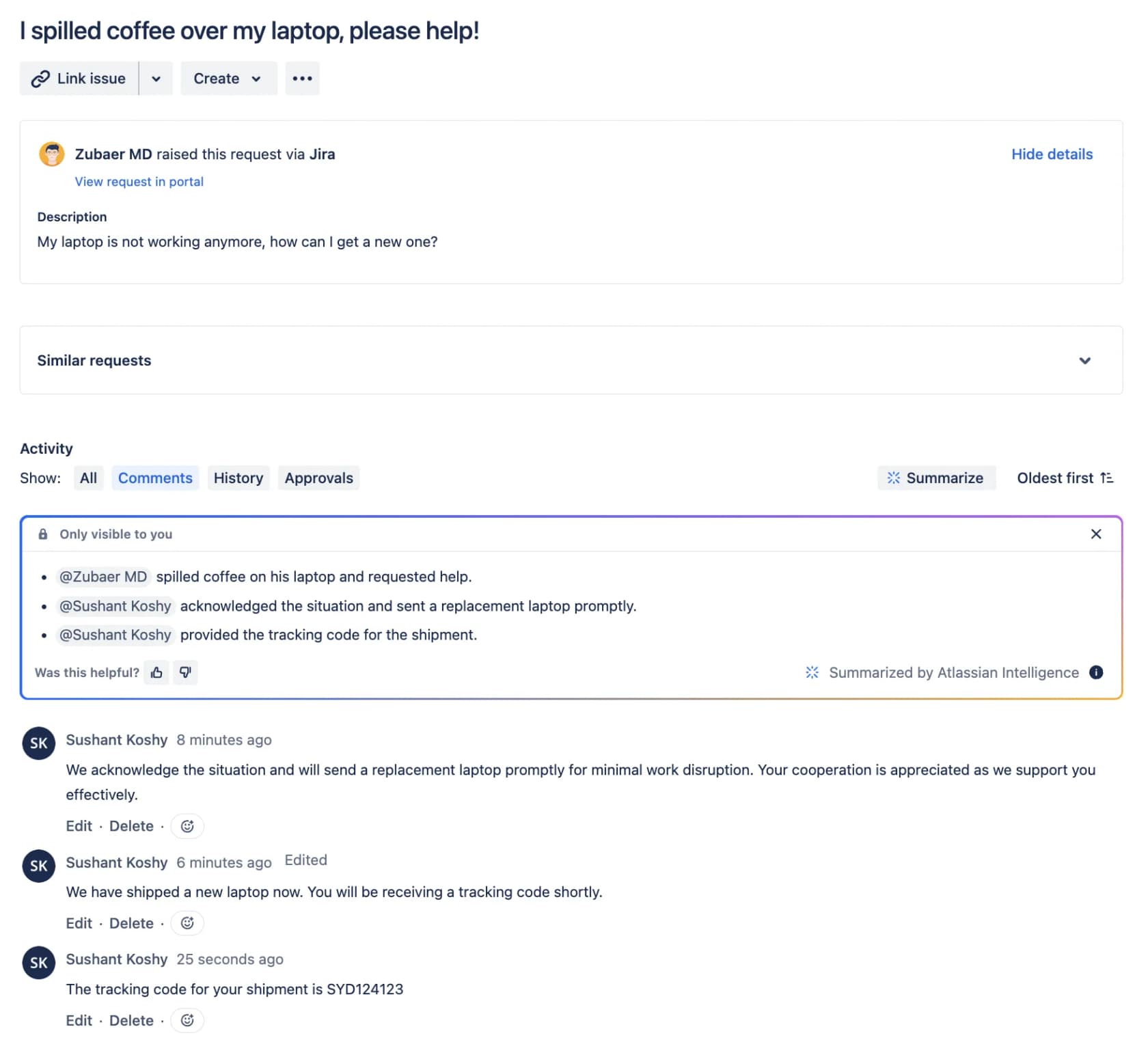 Eine Atlassian-Intelligence-Zusammenfassung, die einen langen Anfrage-Thread bei einem Jira-Service-Management-Vorgang zu drei Stichpunkten verdichtet, entnommen aus der Support-Dokumentation von Atlassian