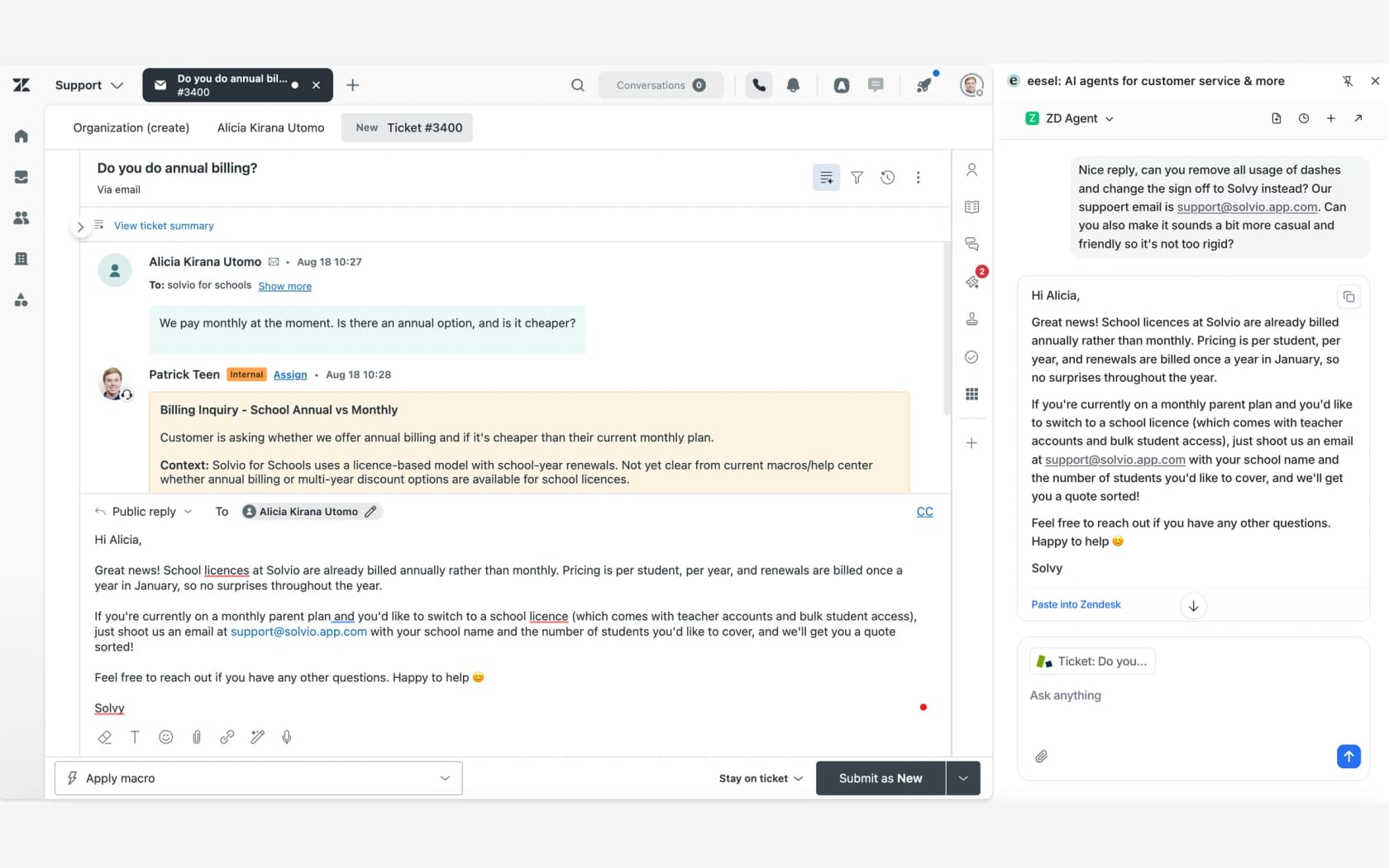 eesel drafting a reply to a Zendesk ticket in a side panel, ready for the agent to paste and send
