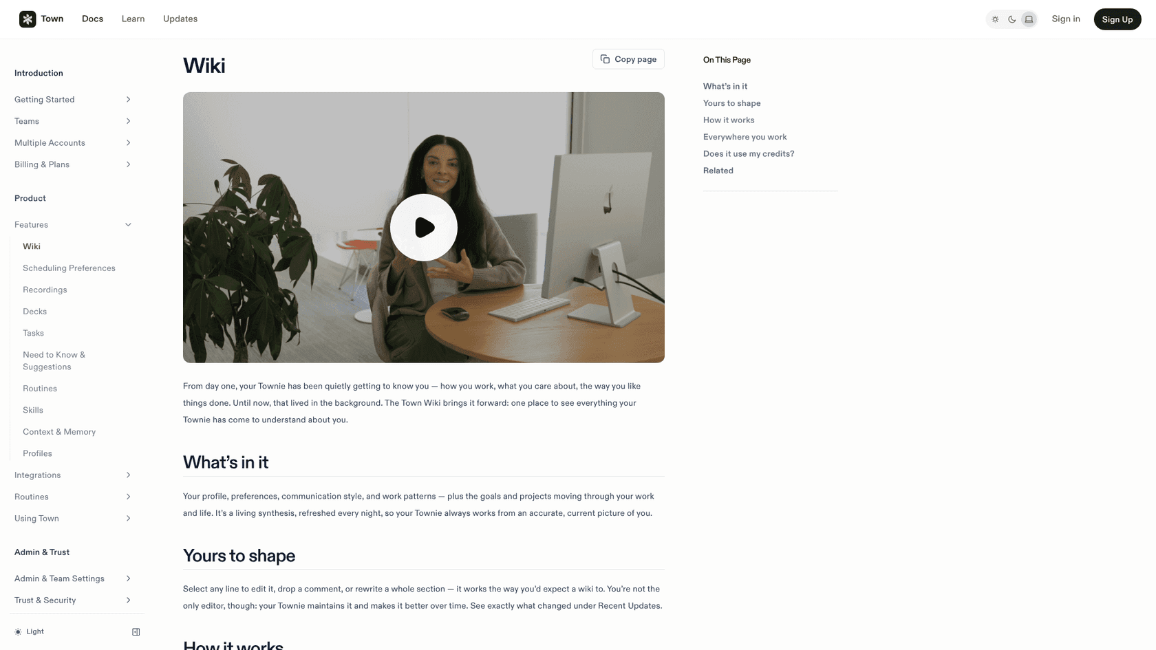 Town's Wiki docs page explaining that the wiki holds your profile, preferences, communication style and work patterns, refreshed every night, as taken from Town's docs