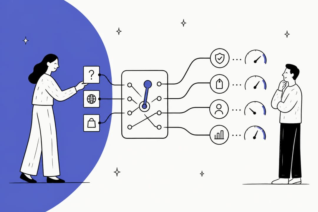 Hand-drawn hero banner of a person feeding questions into a switchboard that routes them into labeled lanes, each with a confidence dial