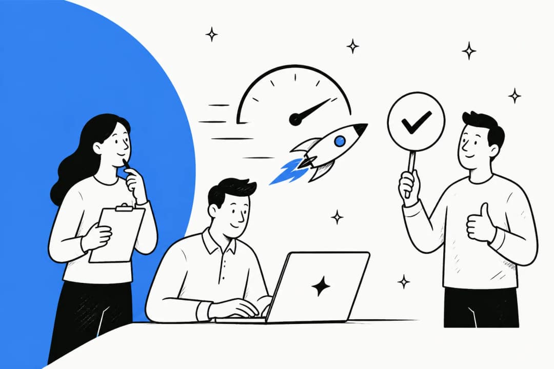 Illustration of a team reviewing Gemini 3.8 Flash, with a speed gauge, a rocket, and a verdict checkmark