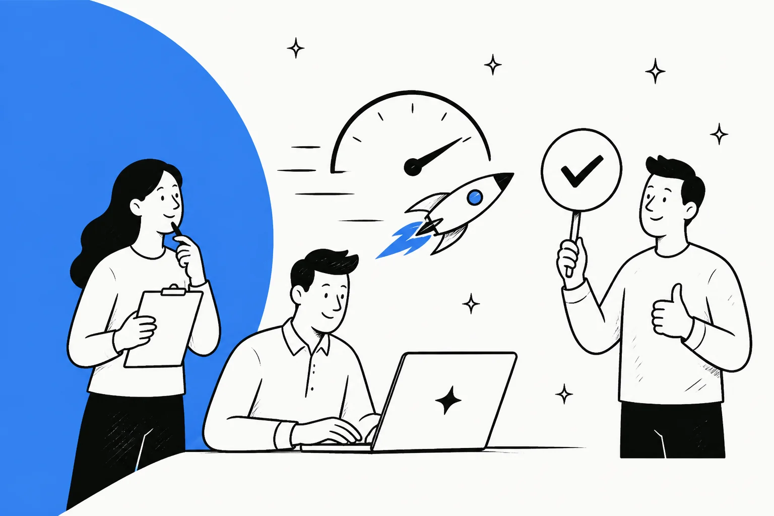 Illustration of a team reviewing Gemini 3.8 Flash, with a speed gauge, a rocket, and a verdict checkmark