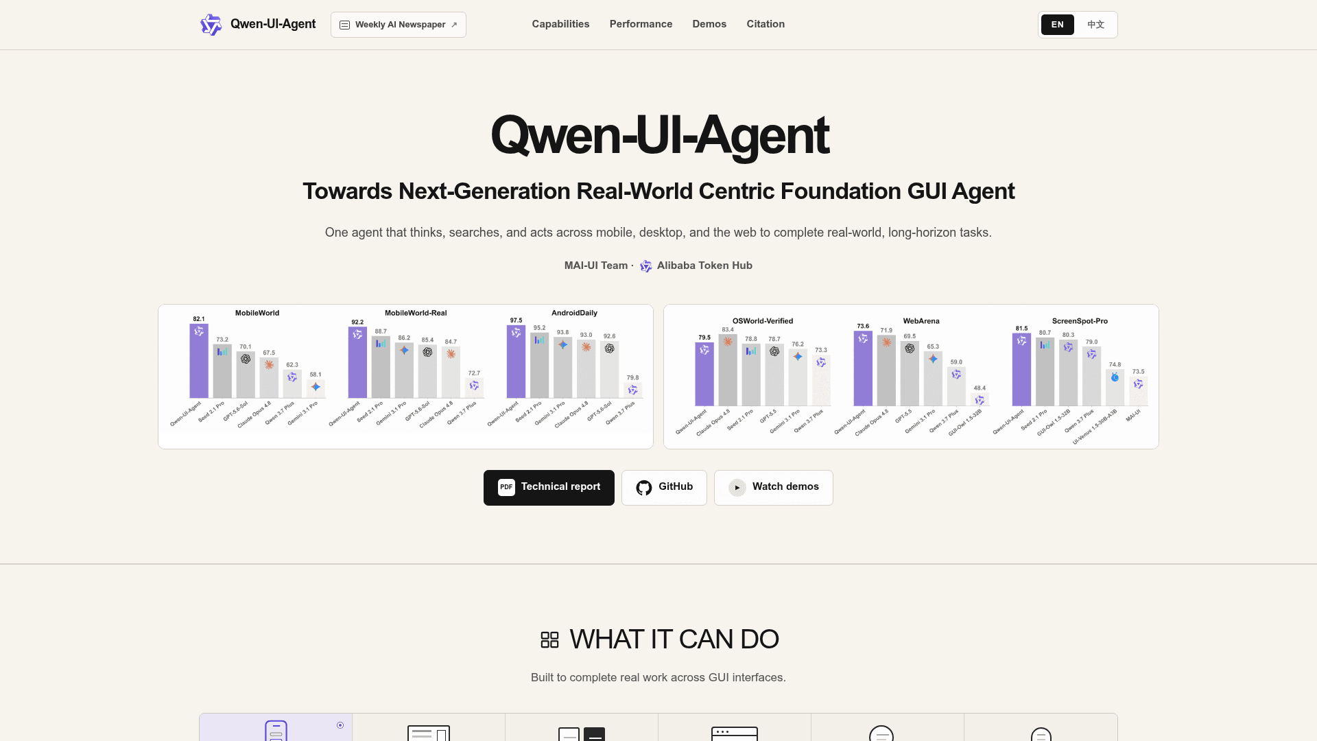 The Qwen-UI-Agent project site showing its headline benchmark bars and three resource buttons, as taken from Tongyi MAI