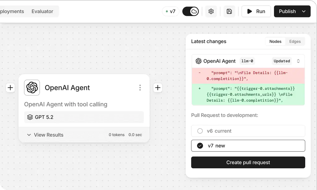 Stack AI editor showing a pull request with a prompt diff between agent versions, as taken from Stack AI