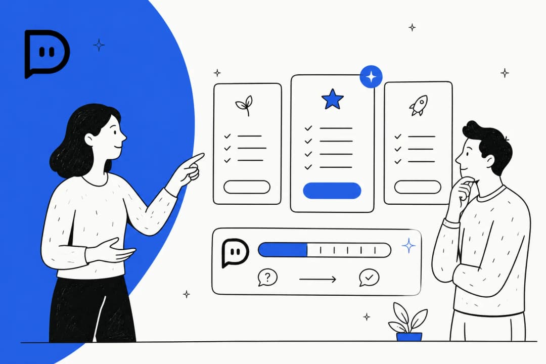Hand-drawn illustration of two people comparing three Dante AI pricing plan cards above a credit meter that turns a question into an answer