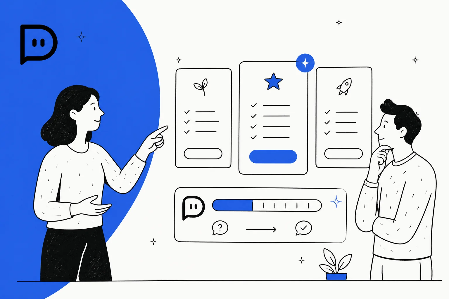 Hand-drawn illustration of two people comparing three Dante AI pricing plan cards above a credit meter that turns a question into an answer